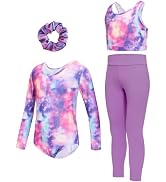 JiAmy Girls Gymnastics Leotard 4Pcs Long Sleeve Sparkly Dance Tumbling Set | Long sleeve leotard+...