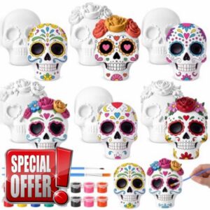 Leinuosen 6 Pcs Sugar Skulls to Paint Day of The Dead Figurines DIY Craft                                                          Dia De Los Muertos Unpainted Plaster Art