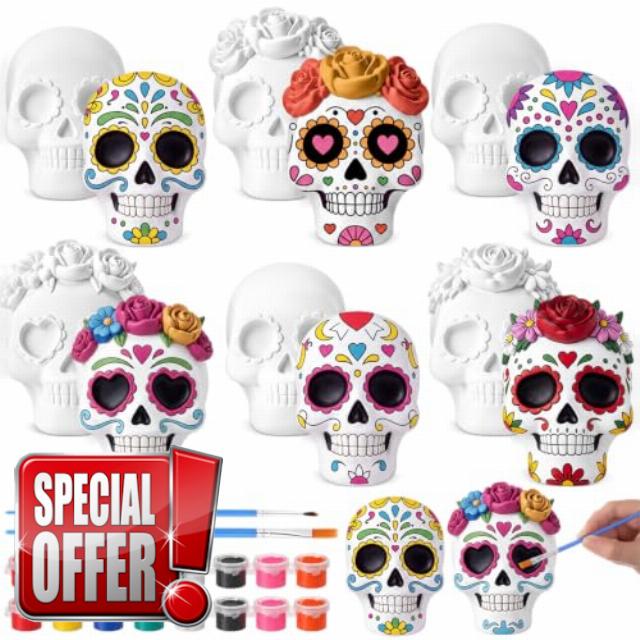 Leinuosen 6 Pcs Sugar Skulls to Paint Day of The Dead Figurines DIY Craft                                                          Dia De Los Muertos Unpainted Plaster Art