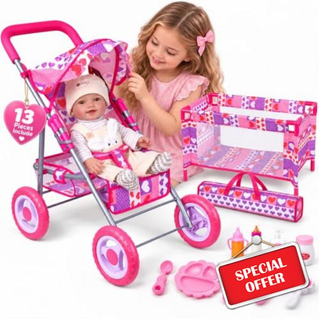 BABESIDE Baby Doll Stroller & Crib Set with Accessories                                                          Complete 13-Piece Doll Stroller Set with Feeding Accessories for Dolls Up to 18 Inches