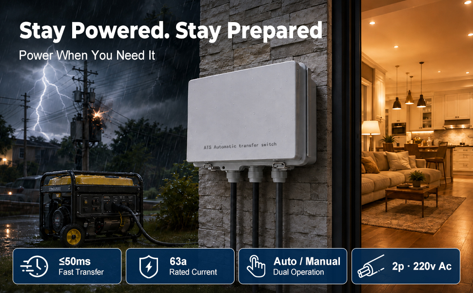 ATS AC Automatic Transfer Switch 2P 63A 220V with Circuit Breaker