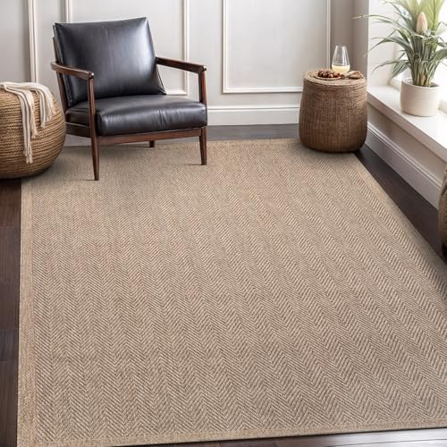 Indoor Outdoor Natural Color Fiber Area Rugs for Living Room and Patio Rug Herringbone Seagrass Boho Woven Design Easy-Cleaning Washable Outside Carpet Alfombras 8 x 1