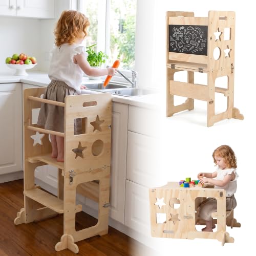 4-in-1 Wooden Kitchen Step Stool with Blackboard Foldable toddler tower and toddler step stool with stable A-frame