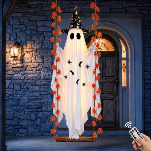 5.4FT Large Hanging Swing Ghost Outdoor Decor with Witch Hat & Maple Leaf Vine