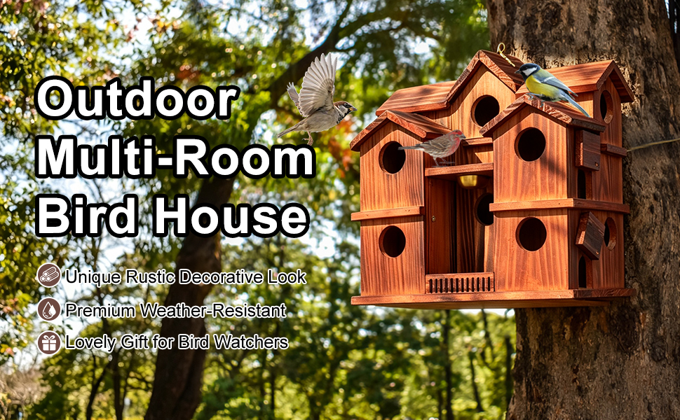 Outdoor multi-room wooden bird house for small birds
