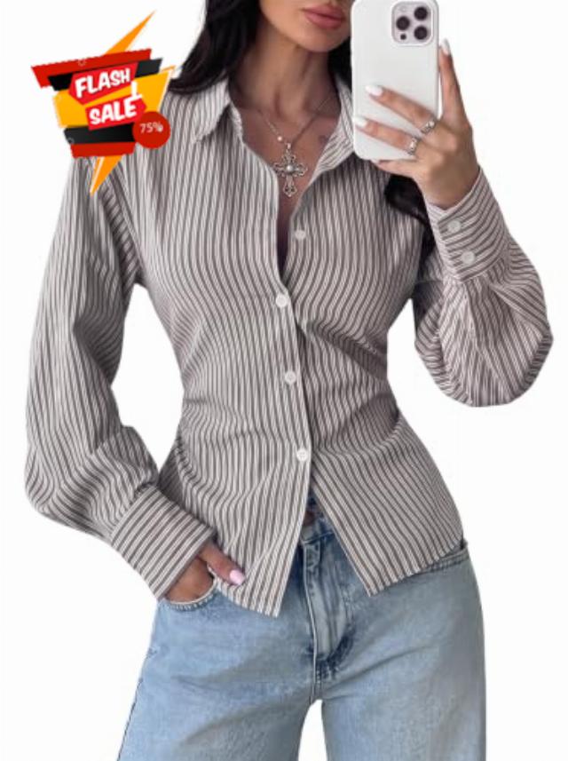 Dokotoo Striped Button Down Shirts for Women Long Sleeve Collared Slim Fit Tie Back Blouses Office Work Casual Dressy Tops