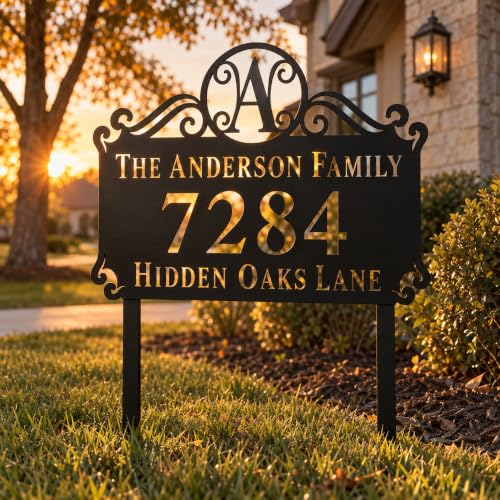 Custom Family Name and House Number Plaque with Stakes
