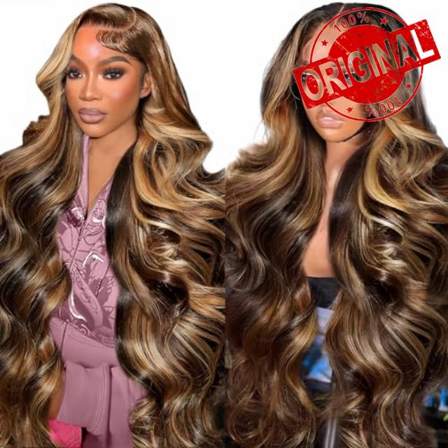 13x6 Honey Blonde Lace Front Wig Ombre Highlight Wigs Human Hair 22 Inch                                                          Highlight Body Wave Wig Human Hair Ombre Wigs 4/27 Colored 200 Density HD Transparent Lace Wigs for Wome