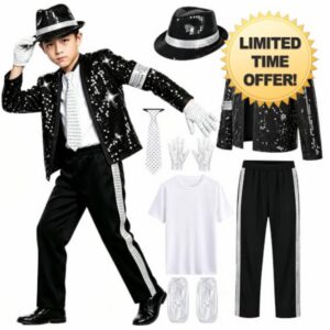Kids 80s 90s Stage Dance Outfits Sequin Jacket Halloween Costume                                                          Kids Black Sequin Jacket Pants with White Gloves
