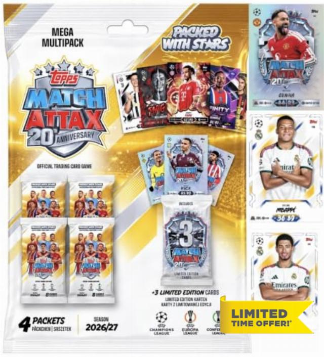 Topps Match Attax 26/27 – Mega Multipack 2027 35 Trading Soccer Cards 4 Boosters + 3 Limited Editions