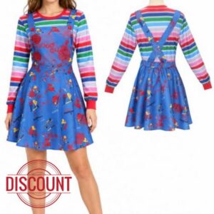 Creepy Doll Costume Nightmare Killer Doll Cosplay Jumpsuit Set                                                          Adult Polyester Scary Rainbow Stripe Shirt Blue Jumpsuit Outfits Sets Men Women for Halloween Nightmare Party Costume
