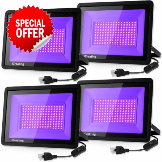 iCreating 300W Black Light Outdoor Super Bright LED Black Lights for Glow Party Large Space High Power UV Black Light Flood Lights Waterproof 395nm Blacklight Floodlight for Halloween (4 Pack)