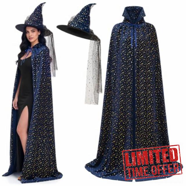 Halloween Celestial Witch Costume for Women Velvet Cloak with Hat                                                          Velvet Robe Outfit