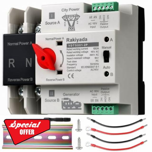 100Amp AC 110V 2P Dual Power Automatic Transfer Switch with Din Rail                                                          Rakiyada ATS Auto/Manual Changeover Switch for Home Generator