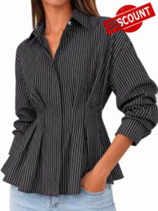 Cicy Bell Women Striped Peplum Button Shirts Business Casual Pleated Blouse                                                          Cinched Waist Tops