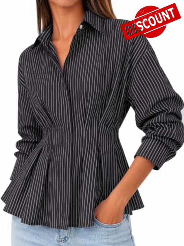 Cicy Bell Women Striped Peplum Button Shirts Business Casual Pleated Blouse                                                          Cinched Waist Tops