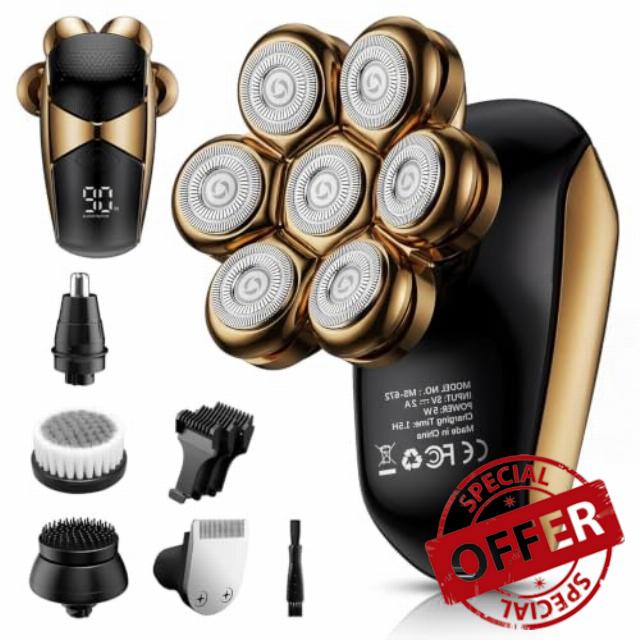 SHPAVVER Head Shavers for Bald Men: 5-in-1 IPX7 Waterproof Grooming Kit - 7D Floating Electric Razor with Magnetic Removable Head - Wet/Dry LED Display - Type-C Fast Charging