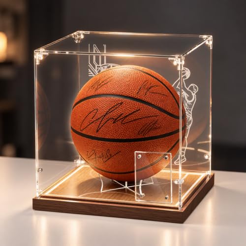 Solid Wood Base UV-Protective Acrylic; 3-Level LED Display Light; Solid Wood Base; Magnetic Player Card Slot; Full-Size Basketball Display