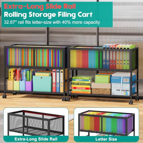 Open File Cabinet for Letter Size 2-Tier Metal Hanging File Organizer File Folder Cart Under Desk Filing Cabinets Rolling Storage Cart for Home Office