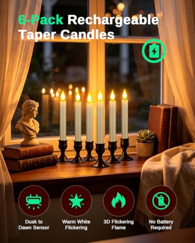 6 Pack Flameless LED White Flickering Candlesticks Holiday Light with Oval Bases