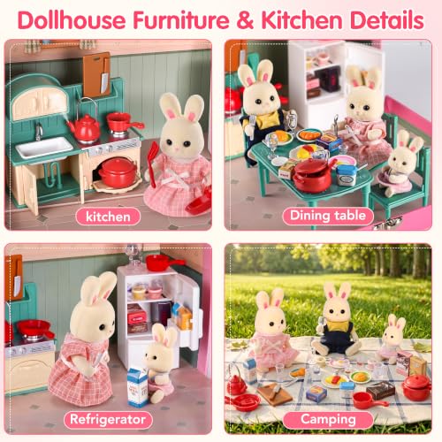 60Pcs                                                          Portable Dollhouse Playset with Miniature Furniture Accessories