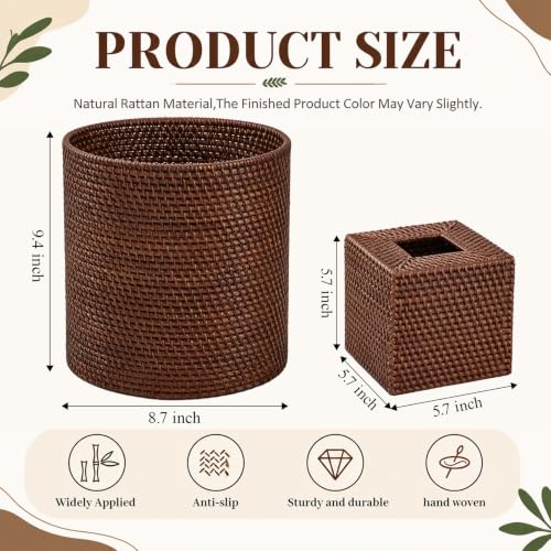 Handwoven Wicker Wastebasket and Square Napkin Box Holder Set for Bedroom; Storage and Deco
