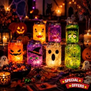 RattanView 12 Set Halloween Mason Jars Crafts Kits with LED Candle Light                                                          Halloween DIY Lantern Jar Craft Kit Halloween Crafts Art Project for Party Classroom School Home DIY Activities Supplies