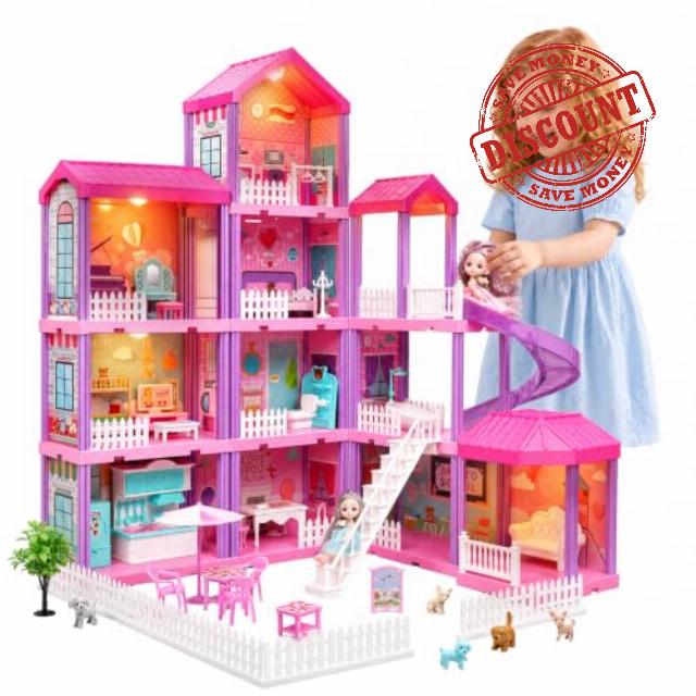 Flooyes Doll House for Girls-4 Story 11 Rooms Dollhouse                                                          2 Dolls