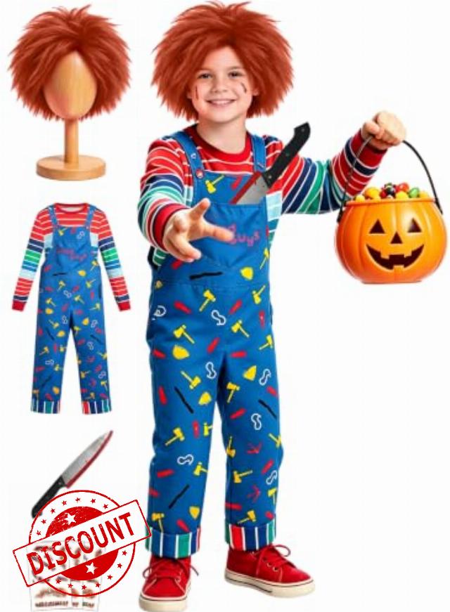 【7 Size | 2Y~14Y | Wig | Costume | Tattoos | Knife】Chucky Costume for Kids                                                          Chucky Wig Chucky Costume for Kids Fake Knife Jumpsuit Long Sleeve Rainbow Shirt Scar Tattoos Halloween Costume