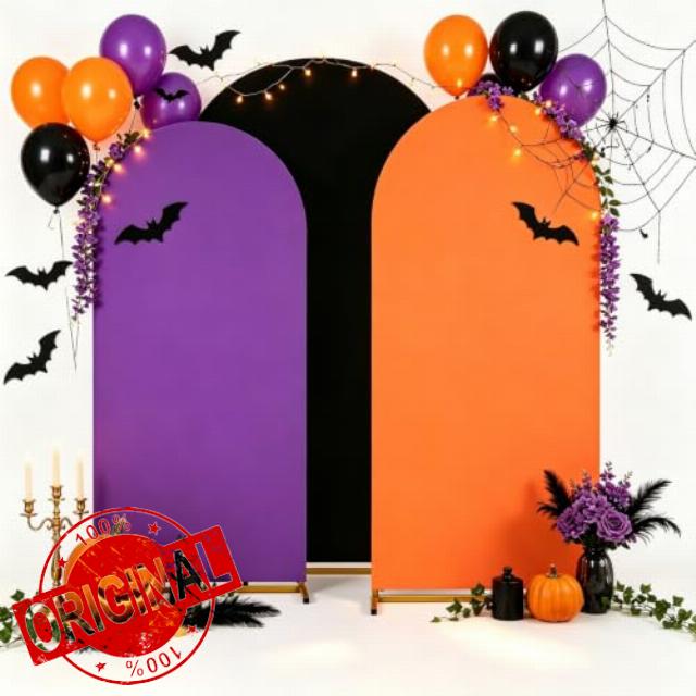 Halloween Arch Backdrop Covers Set of 3 Holiday Party Arch Covers                                                          7.2FT 6.6FT 6FT Round Top Chiara Arches Purple Orange Black Stretchy Backdrop Cover for Birthday Balloon Party Deco
