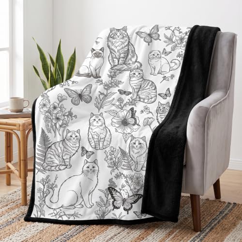 Black and White Line Art Cat Floral Throw Blanket Gifts