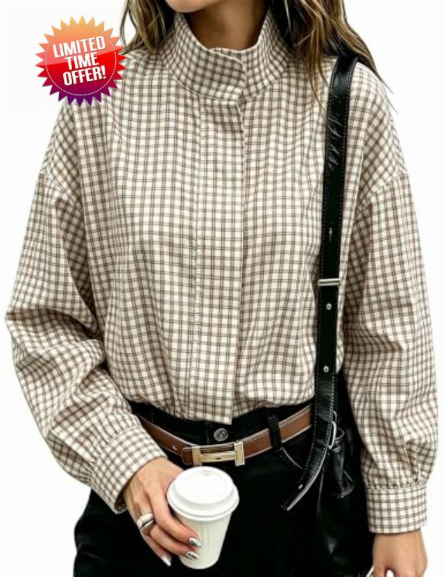 Women Oversized Cropped Gingham Jacket Zip Up Stand Collar with Batwing Sleeves Casual Coat Spring Fall