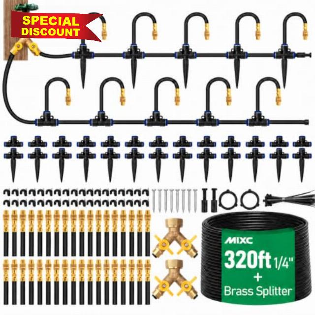 MIXC 320Ft Drip Irrigation System for Garden with 2-Way Spiliter