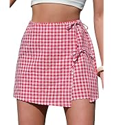 EXLURA Womens Summer Gingham Mini Skirts Skorts Cotton Plaid High Waisted Tie Front Skirt Shorts ...