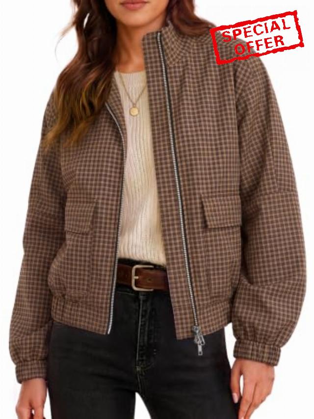 Womens Bomber Plaid Jacket Zip Up Lightweight Casual Coat with Pockets                                                          Cropped Gingham Jacket