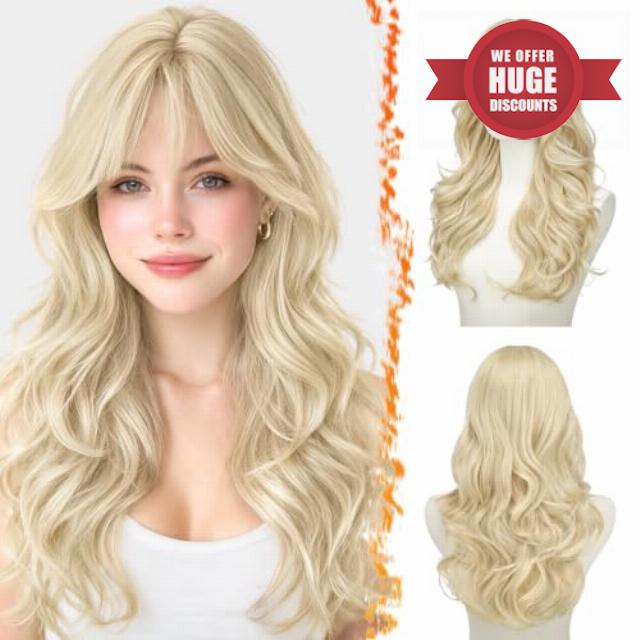 BARSDAR 22 Inch Synthetic Layered Wavy Blonde Wig with Wispy Curtain Bangs                                                          Butterfly Haircut Body Wave