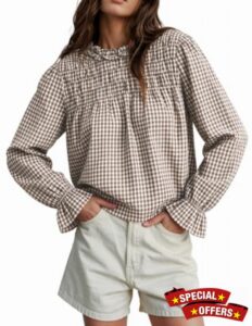 Totatuit Gingham Ruffle Collar Babydoll Top Long Puff Sleeve for Women                                                          Office Tops Work Shirt