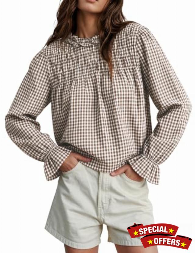 Totatuit Gingham Ruffle Collar Babydoll Top Long Puff Sleeve for Women                                                          Office Tops Work Shirt