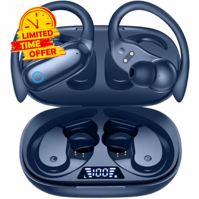 GNMN Active Noise Cancelling Ear Buds Wireless Earbuds 96hrs Playback Bluetooth Headphones Dual Battery Display Stereo Bass Earphones with Earhooks Microphone IPX7 Waterproof for Sports/Runing/Workou