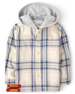 The Children's Place Baby Boys' and Toddler Boys Long Sleeve Plaid Flannel Hooded Button Up Shi