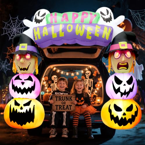 Blow Up Trunk or Treat Car Decorations Archway Witch & Pumpkin Inflatable with Built-in 11 LEDs & Dual Plug (Car & Home) for Halloween SUV