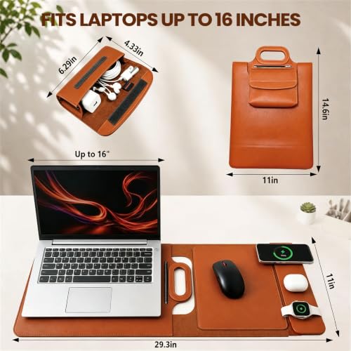 Brown Foldable laptop sleeve with 3-in-1 wireless charging