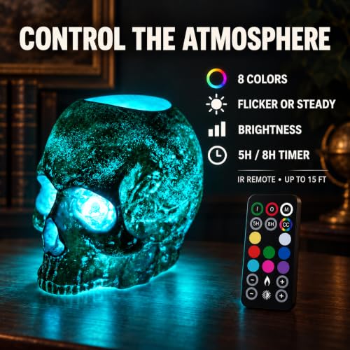 Halloween Decor Light up Halloween skull decor that turns an ordinary shelf or table into a darker