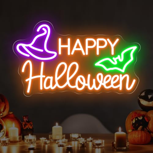 Bat and Witch Hat LED Wall Light 16.7" x 10" Halloween Party Led Lights Dimmable for Trick or Treat Bedroom Living Room Front Door Home Decor Haunted House