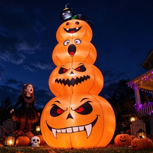 Halloween Blow Up 4 Stacked Pumpkins Outdoor and Black Cat for Lawn Garden Party Decor Balcony Patio