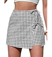EXLURA Womens Summer Gingham Mini Skirts Skorts Cotton Plaid High Waisted Tie Front Skirt Shorts ...