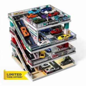 kivcmds Display Case for Hot Wheels 1/64 Toy Car Garage Diorama with Lights                                                          4-Level Freestanding Ramps Scene Parking Lot for 1/64 Diecast Cars