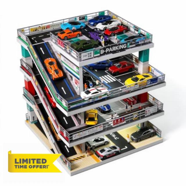kivcmds Display Case for Hot Wheels 1/64 Toy Car Garage Diorama with Lights                                                          4-Level Freestanding Ramps Scene Parking Lot for 1/64 Diecast Cars