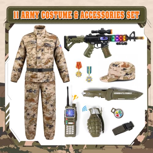 Kids Soldier Military Halloween Costume 3‑13 11pcs Kids Army Costume with Sound & Light Army Toys