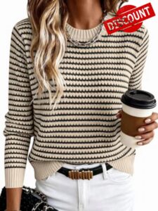 ANRABESS Womens Fall Long Sleeve Striped Crochet Sweaters Top                                                          Crew Neck Knit Pullover